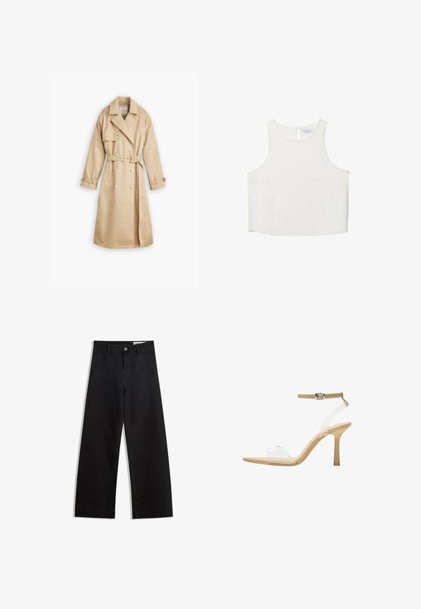 Beige trenchcoat med dubbelknäppt design, stora slag och midja med bälte. Har knappramar och långa ärmar.; Vit ärmlös topp med rundad halsringning, featuring en subtil textur, detalj med nyckelhål i ryggen och rak nederkant.; Svarta vida denimbyxor med hög midja, med fram- och bakfickor, sydda sömmar och knappstängning. Slät textur.; Klart häl sandal med en transparent ovandel, beige fotbädd och en smal ankelrem. Har en spetsig tå och en tunn hög klack.