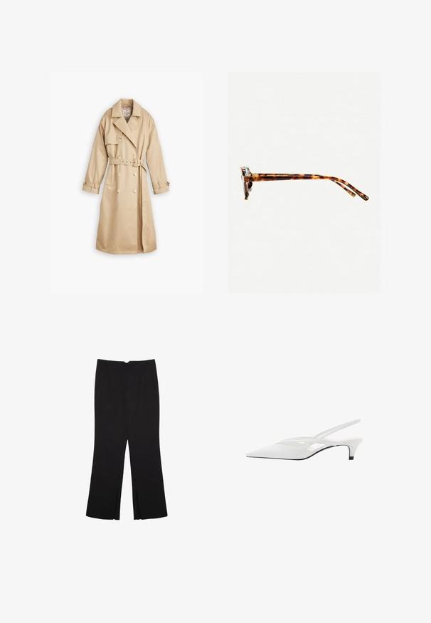 Beige trenchcoat med dubbelknäppt design, stora slag och midja med bälte. Har knappramar och långa ärmar.; Vit t-shirt som är gjord av mjukt, lätt tyg. Har en rund halsringning och korta, vida ärmar med en avslappnad passform. Inga synliga mönster.; Svarta byxor med rak passform, utrustade med framfickor och sidoklyvningar vid fållen. Tillverkade av mjukt, slätt tyg. Lämpliga för olika tillfällen.; Vit slingback-häl med spetsig tå, med en slät ovandel, subtila utskärningar och en låg blockklack. Svart sula framhäver designen.; Sköldpaddsmönstrade solglasögon med en tjock ram, lätt böjda skalmar och en jämn yta. Har en klassisk design med en glansig finish.; Svart läder axelväska med en böjd form, prydd med silverfärgade nitar och sömdetaljer. Justerbar rem för mångsidighet.