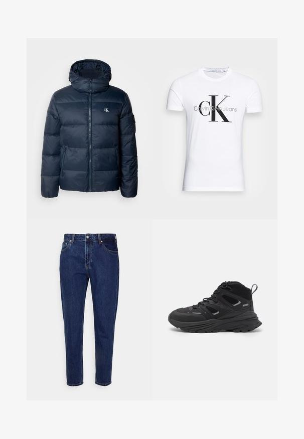 Laivaston sininen puhvijakku hupulla, vetoketjukiinnityksellä ja logoilla. Ominaisuudet vaakasuorat tikatut paneelit ja sivutaskut. Valmistettu kiiltävästä, sileästä materiaalista.; Valkoinen puuvillateeppari, jossa on musta "CK"-logo ja "Calvin Klein Jeans" -teksti, lyhyet hihat ja klassinen pyöreä kaula-aukko.; Tummansinisiä farkkuhousuja, joissa on suora lahje, viisi taskua ja nappisuljin. Housuissa on hienovaraista kulumista ja ompeluyksityiskohtia.; Mustia vaeltajakenkiä, joissa on kerroksellinen muotoilu, teksturoitu kangas ja kumipohja. Kenkien vahvistettuja alueita ja nauhakiinnitys edessä.