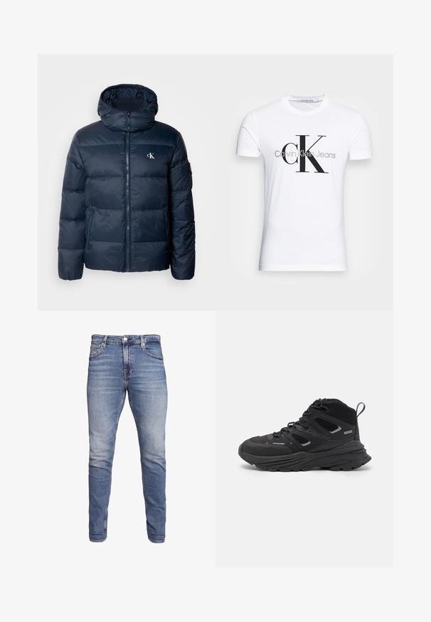 Tumesinine puffjakker kapuutsiga, tõmblukuga ja logodega. Omab horisontaalseid tikandpaneele ja küljetaskuid. Valmistatud läikivast, siledast materjalist.; Valge puuvillane T-särk, millel on must "CK" logo ja "Calvin Klein Jeans" tekst, lühikesed varrukad ning klassikaline ümmargune kaelus.; Sinised slim-fit teksad viie taskuga, pleekinud pesu, nööbiga sulgemine ja vöörihmadega, esitatud valge tausta ees.; Mustad matkajalatsid, millel on kihiline disain, tekstureeritud kangas ja kummist tallad, tugevduskohtadega ning sidumisfront.