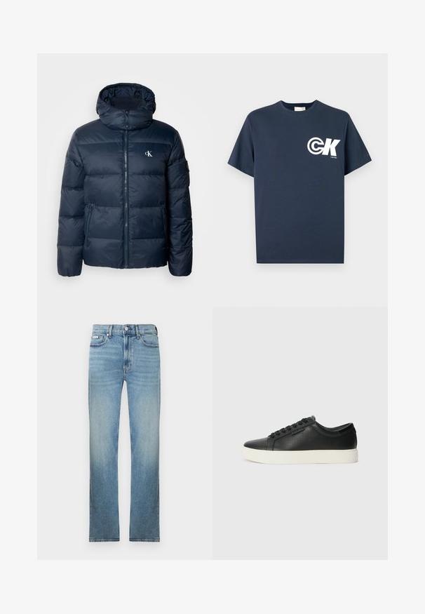 Giacca a vento blu navy con cappuccio, chiusura con zip e loghi. Presenta pannelli trapuntati orizzontali e tasche laterali. Realizzata in materiale lucido e morbido.; T-shirt a maniche corte blu marina con scollo girocollo, logo CK bianco e scritta "Calvin Klein" sul lato sinistro del petto.; Jeans in denim azzurro chiaro con taglio a gamba dritta, design con cinque tasche e finitura slavata. Presentano una chiusura con bottoni e passanti per cintura.; Sneaker nere in pelle con texture perforata, punta tonda e suola piatta in gomma bianca. Presentano lacci neri e un logo discreto sul lato.