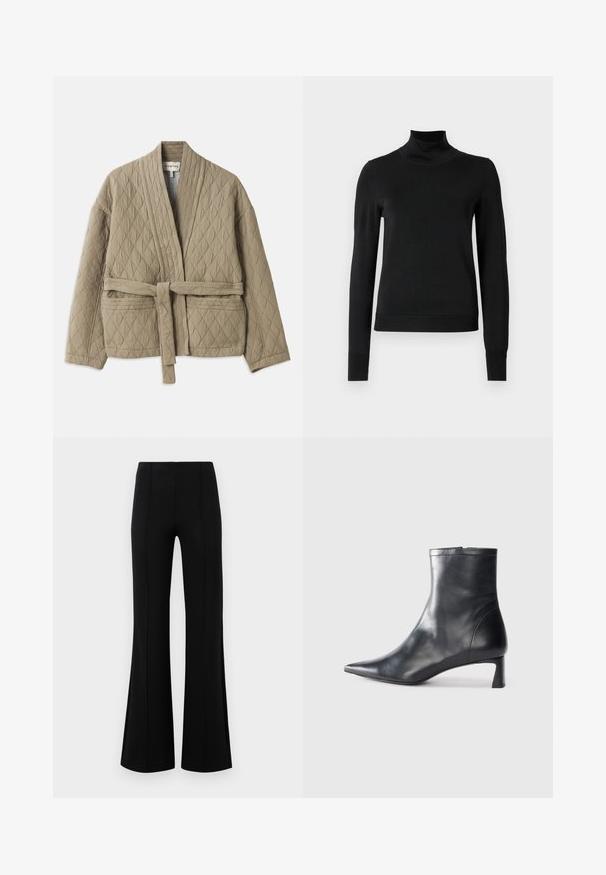 Töltött bézs dzseki övvel a derekán, hosszú ujjakkal és átlós varrásmintával. Oldalsó zsebekkel és sálgallérral rendelkezik.; Fekete, hosszú ujjú garbós pulóver bordás mandzsettákkal és aljjal, sima fehér háttér előtt bemutatva.; Fekete, flared nadrág magas derékkal, rugalmas anyagból készült. Elölnézetén függőleges varrásokkal rendelkezik, sima textúrával.; Fekete bőr bokacsizma hegyes orral és letisztult dizájnnal. Alacsony sarka és hátsó cipzáras záródása van. Simának tűnő textúra.