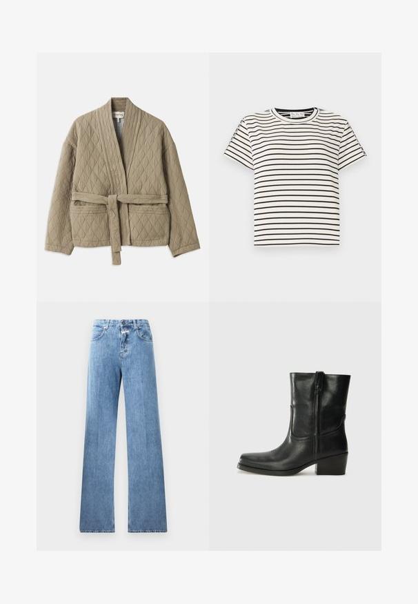 Quiltet beige jakke med bælte i taljen, lange ærmer og diagonalt syningmønster. Har sidelommer og sjalkrave.; Kortærmet T-shirt i bomuld med rund hals, med sorte lodrette striber på en hvid baggrund og lige snit design.; Lyseblå denim jeans med vid ben-design, fem lommer, bæltestropper og knaplukning. Stofmaterialet har en glat tekstur.; Sort læder ankelstøvle med rundt tå, blokhæl, lynlås i siden og stikninger på vampsiden. Glat tekstur, klassisk design.