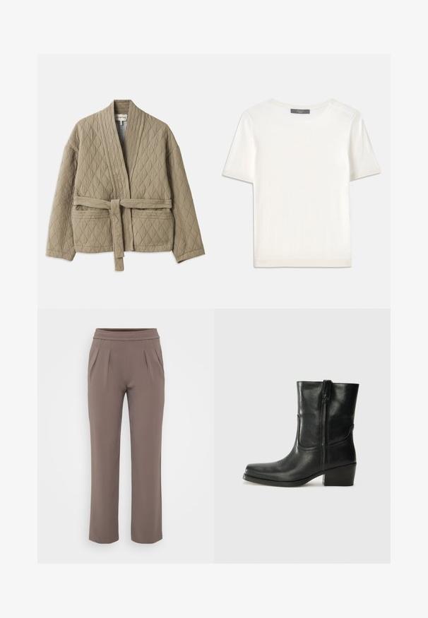 Quiltet beige jakke med bælte i taljen, lange ærmer og diagonalt syningmønster. Har sidelommer og sjalkrave.; Hvid kortærmet strikbluse med rund halsudskæring, der har en glat tekstur og subtile ribbede detaljer ved ærmerne og kanten.; Taupe løs-fit bukser med elastisk talje og frontfald, lavet af glat stof.; Sort læder ankelstøvle med rundt tå, blokhæl, lynlås i siden og stikninger på vampsiden. Glat tekstur, klassisk design.
