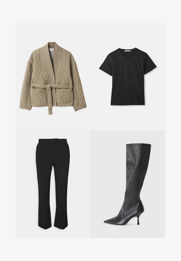 Podložena bež jakna z pasom, dolgimi rokavi in diagonalnim šivom. Ima stranske žepke in šal ovratnik.; Črna kratka majica s kratkimi rokavi in okroglo ovratnikom iz bombaža, ležijo ravno na belem ozadju, z vidno blagovno oznako znotraj ovratnika.; Črne krojene hlače s ravnim krojem, z nožicami za pas in stranskimi žepi. Narejene iz gladkega materiala z čistim zaključkom.; Črne usnjene škornje do kolen s koničastim nosom in ozkim stiletto peto. Gladka tekstura z oblikovanim dizajnom in šivi na zgornjem robu.