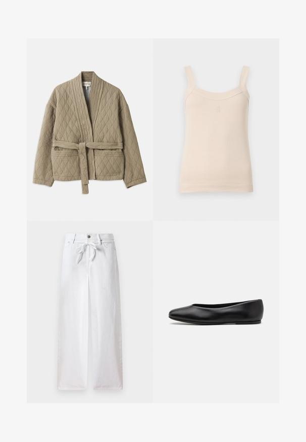 Beige gewatteerde jas met een riem in de taille, lange mouwen en een diagonale stikpatroon. Voorzien van zijzakken en een schipperkraag.; Beige geribbelde tanktop met dunne bandjes en een ronde halslijn. Beschikt over een geborduurd logo aan de voorkant. Gladde textuur, aansluitend ontwerp.; Witte wijde broek van katoen. Voorzien van een trekkoord in de taille en een knoopsluiting. Gladde textuur met een minimalistisch ontwerp.; Paul Smith TOPANGA - Ballerina's - black