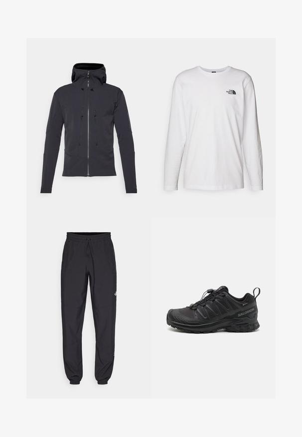 Salomon OUTPEAK - Softshelljacke - deep black; Weißes langärmliges T-Shirt aus Baumwolle mit Rundhalsausschnitt. Verfügt über ein kleines schwarzes Logo auf der Brust. Glatte Textur, reguläre Passform.; Schwarze Sporthosen aus leichtem Stoff, mit einem Kordelzugbund, seitlichen Taschen und schmal zulaufenden Bündchen an den Knöcheln.; Schwarzer Sportschuh mit einer strukturierten, synthetischen Oberseite, gepolsterten Sohle und einem schnellen Schnürsystem. Verfügt über eine verstärkte Zehen- und Fersenkappe.
