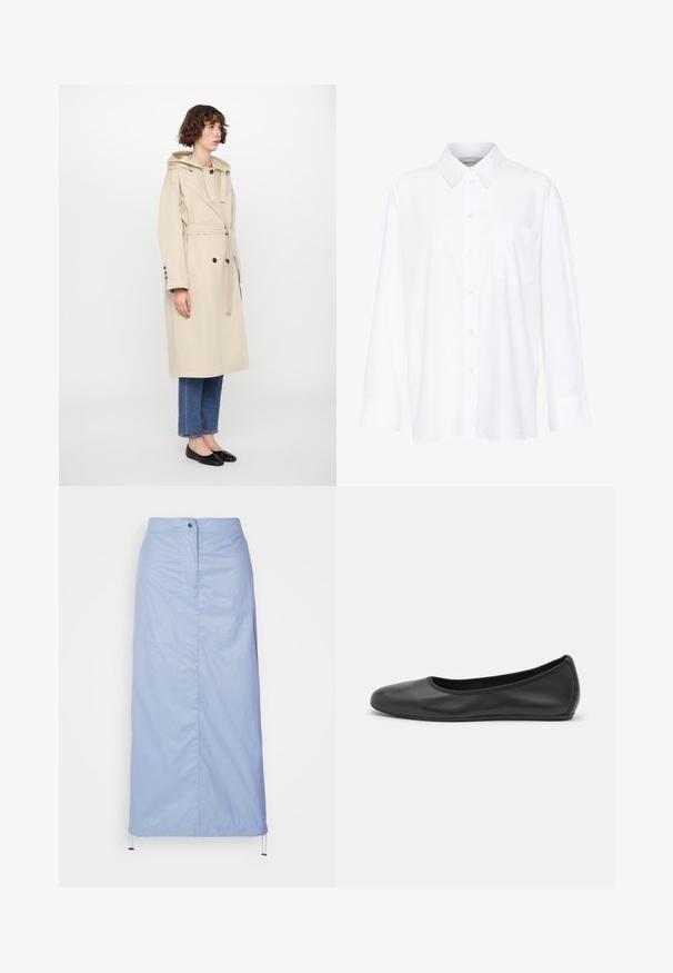 Beige trench coat with a quilted, glossy hood, belted waist, and buttoned cuffs. Features a long silhouette and side slits for movement.; White long-sleeve collared shirt made of cotton. Features a button-down front and a single chest pocket. Smooth texture, relaxed fit.; Light blue, mid-length skirt made of smooth, lightweight material with a straight cut, features a front button closure and drawstring hem.; Black leather ballet flat with a rounded toe, smooth texture, minimal stitching detail, and a flexible sole design.