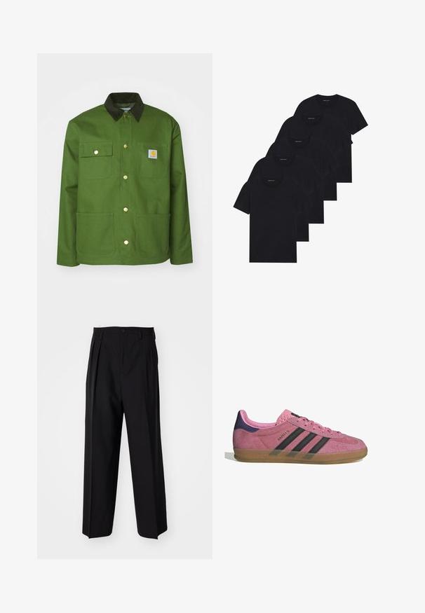 Carhartt WIP MICHIGAN - Übergangsjacke - tarragon/black rigid; Pack von fünf schwarzen Rundhals-T-Shirts. Kurze Ärmel, Baumwollmaterial, normale Passform. Glatte Textur ohne sichtbare Muster oder Verzierungen.; Helles rosa Button-down-Hemd mit vertikalen blauen Streifen, Kragen, langen Ärmeln und lockerer Passform. Aus glattem Stoff mit leichtem Glanz gefertigt.; Schwarze, plissierte Hose mit geradem, weitem Bein. Hergestellt aus glattem Stoff, mit Knopfverschluss und Gürtelschlaufen.; Rosa Wildleder-Sneaker mit schwarzen Streifen, Gummisohle und strukturiertem lila Fersenbereich. Verfügt über ein Schnürdesign und geprägte Markenkennzeichnung an der Seite.