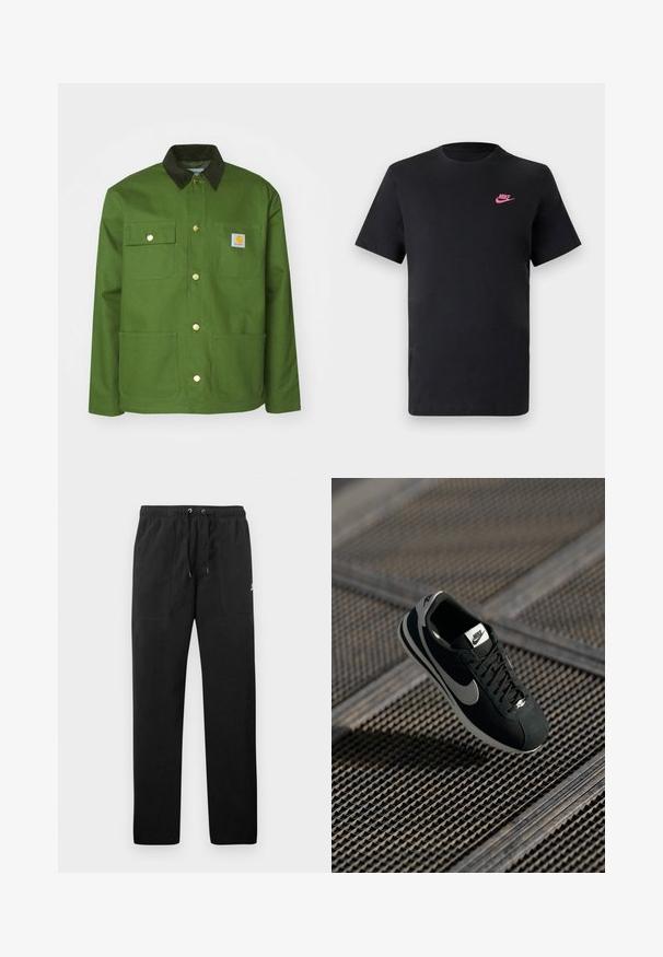 Carhartt WIP MICHIGAN - Giacca da mezza stagione - tarragon/black rigid; T-shirt in cotone nero con scollatura tonda e maniche corte. Presenta un logo Nike rosa sulla parte superiore sinistra. Texture liscia.; Pantaloni sportivi neri in felpa, dotati di cintura elastica con cordini, due tasche anteriori e un piccolo logo sulla coscia.; Sneaker Nike nera con accenti grigi, materiali in suede e mesh, suola testurizzata, forma affusolata e design classico con lacci.