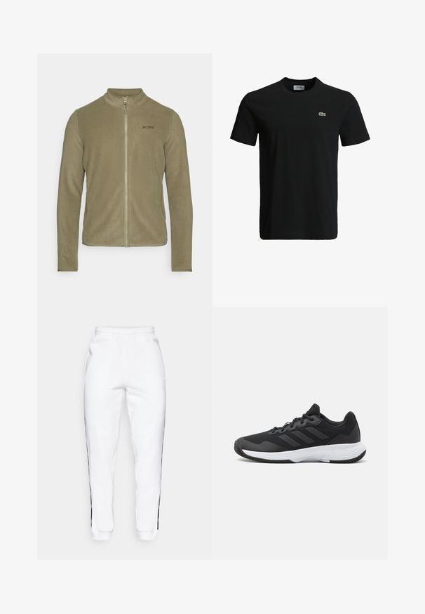 Björn Borg FULL ZIP - Fleecová bunda - deep lichen green; Černé bavlněné tričko s kulatým výstřihem, krátkými rukávy a malým zeleným krokodýlem na levé hrudi. Hladká textura, neformální design.; Bílé tepláky s elastickým pasem, zdobené černými bočními pruhy a manžetami. Vyrobené z měkké tkaniny s hladkým povrchem.; Černá sportovní obuv s texturovaným svrškem, třemi vodorovnými pruhy a bílou podrážkou s vzorovaným profilem. Lehký a aerodynamický design.