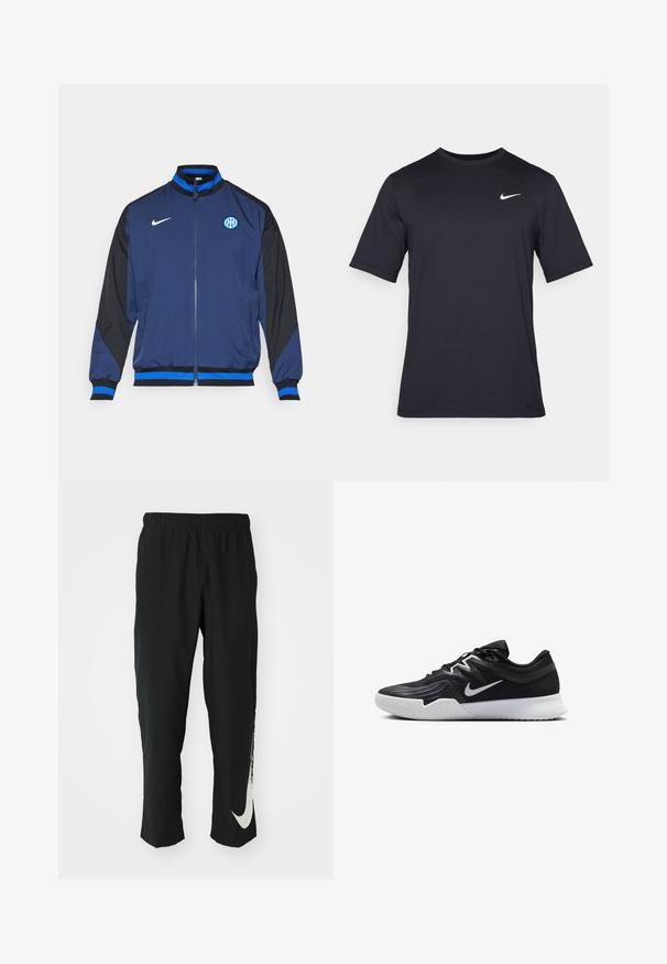 Navy blue jacket with black sleeves, featuring a full zipper, ribbed cuffs, blue accents, and a circular logo on the left chest area.; Black short-sleeve Nike t-shirt made of smooth fabric, featuring a white swoosh logo on the upper left side, crew neckline.; Black athletic pants with elastic waistband, tapering design, featuring a large white Nike logo on the left leg. Soft, lightweight fabric.; Black athletic shoe with a textured upper, white Nike swoosh, and a white rubber outsole. Features a lace-up design and dynamic shape.