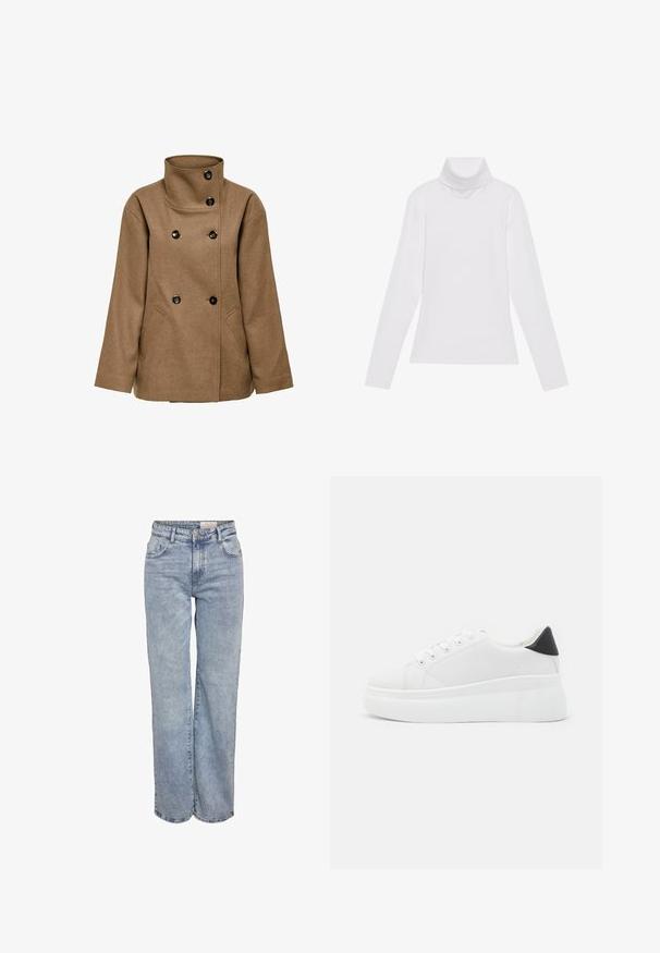 Brown wool blend coat with a high collar, double-breasted design, and black buttons. Features two side pockets and a straight cut.; White long-sleeve turtleneck top made of smooth, stretchy fabric. Features a high collar and fitted design, with no visible patterns or embellishments.; Light blue wide-leg jeans made from denim, featuring a high waist, five-pocket design, and subtle fading for a worn-in look.; White platform sneakers made of smooth synthetic material, featuring a rounded toe, lace-up design, and a textured rubber sole. Black heel accent.