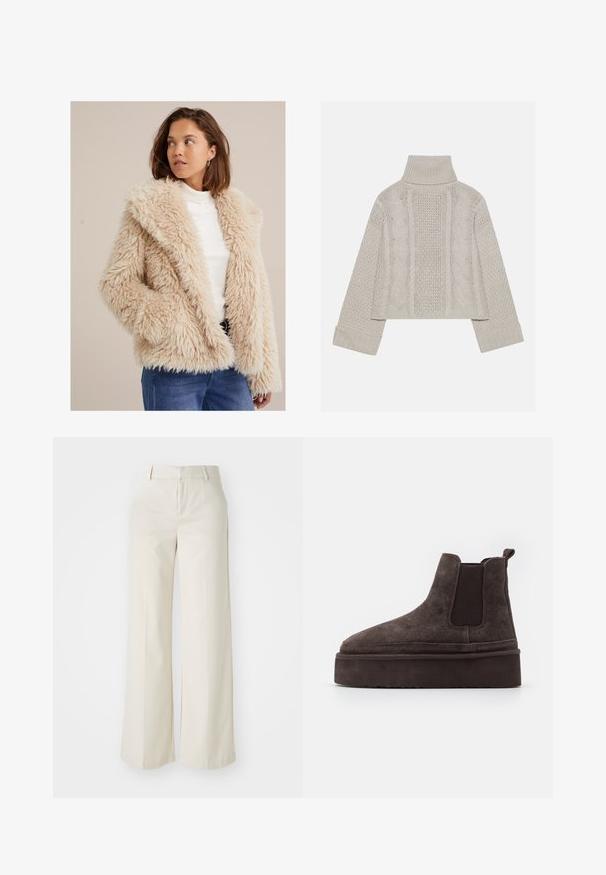 WE Fashion Téli dzseki - beige; Rövidített, világosszürke kötött pulóver magas gallérral és bordázott mandzsettákkal, hátul és az oldalakon texturált sodrott mintákkal.; Világos bézs színű, széles lábú nadrág, sima anyagból készült. Klasszikus derékrésszel és lapos elülső résszel, letisztult vonalakkal rendelkezik.; Barna nubuk Chelsea csizma elasztikus oldalsó panelekkel és vastag, textúrázott talppal. A saroknál található húzófül megkönnyíti a felhúzást.