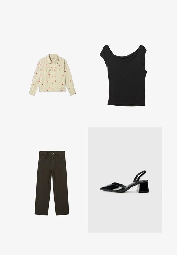 Kremowa dżinsowa kurtka z czerwonym haftem w kwiaty, dwoma kieszeniami na piersi, kołnierzykiem i zapięciem na guziki. Miękka tekstura, casualowy styl.; Czarna bluzka z krótkim rękawem, wykonana z gładkiego materiału; posiada dekolt w stylu drapowanym oraz asymetryczny dół, z dopasowanym krojem.; Ciemnozielone spodnie dżinsowe typu wide-leg wykonane z mieszanki bawełny, z zamkiem na guzik z przodu, pięcioma kieszeniami i klasycznym przeszyciem dżinsowym.; Czarne lakierowane półbuty na obcasie z wydłużonym noskiem i geometrycznym słupkiem. Charakteryzują się eleganckim, minimalistycznym designem oraz gładką fakturą.