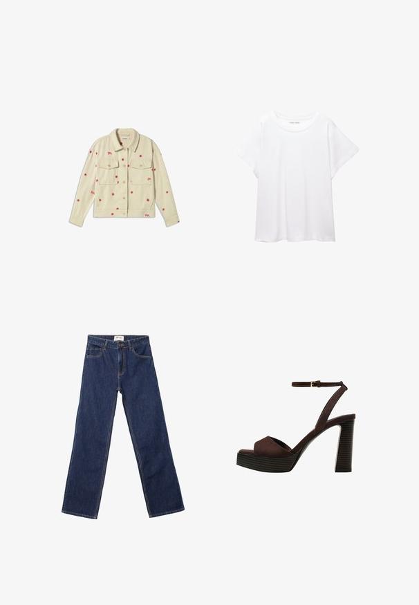 Krémová džínová bunda so vzorom červených kvetov, dvoma náprsními vreckami, golierom a zapínaním na gombíky. Mäkká textúra, nenútený dizajn.; Biele tričko vyrobené z mäkkého, ľahkého materiálu. Má okrúhly výstrih a krátke, široké rukávy s uvoľneným strihom. Bez viditeľných vzorov.; Tmavomodré džínsy so strihaným strihom, prednými vreckami, pútkami na opasok a zapínaním na gombík.; Hnedé semišové sandále na vysokom podpätku s otvorenou špičkou, nastaviteľným členkovým remienkom a pruhovanou platformovou podrážkou.