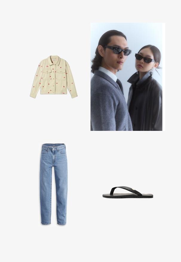 Cream denim jacket with red floral embroidery, two chest pockets, a collared neckline, and button closure. Soft texture, casual design.; White cotton t-shirt with short sleeves, a round neck, and a smooth texture. The back is plain with no additional patterns or designs.; Light blue jeans made of denim, with a relaxed fit, straight leg, five-pocket design, and frayed hems for a casual look.; Black flip-flop sandal with a flat sole, textured black insole, smooth straps, and a small gold accent near the toe post.; Sunglasses with angular black frames on model with a gray sweater, showcasing textured knit and a black leather jacket worn by another model.; Brown suede tote bag with rounded shape, dual handles, and a metal hardware accent. Features a small logo on the front.