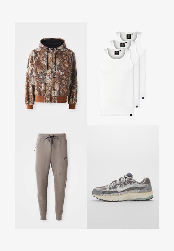 Kamelia värvi ja beeži kamuflaažiga tõmblukuga kapuutsiga sviiter, millel on lehetrükid, reguleeritav kapuuts ja vastandavad pruunid varrukad. Kude näeb välja tekstuurne.; Kolm valget ribaga t-särki, mis on valmistatud puuvillast. Omavad ümmargust kaelanõhku ja väikseid musti silte hemme lähedal. Saadaval erinevates suurustes.; Hallide Nike dressipüksid, millel on nööriga vöökoht, kitsenevad sääred, küljetaskud ja eristuv õmbluse detail. Pehme, tekstureeritud kangas.; Hallus hallitus jalanõud, millel on võrgust ja sametist ülemine osa, valged rõhutused, pehme tald ning eristuv disain peegelduvate elementidega.