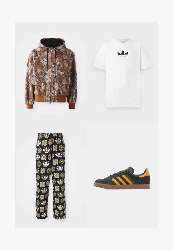 Kmao zip-up hoodie v rjavi in bež barvi z listnatim vzorcem, kapuca na vrvico in kontrastni rjavi manšeti. Tkanina se zdi teksturirana.; Bela bombažna majica s črnim logojem Adidas na sredini. Kratki rokavi in oblikovanje z okrog lim. Gladka tekstura.; Črne hlače z zapletenim vzorcem različnih oblik, vključno s cvetličnimi motivi in črtami v oranžni, zeleni in beli barvi.; Črne semiš tene z rumenimi akcenti, ki vsebujejo tri trakove in rjavo gumo podplat. Vključujejo oblazinjeno jezik za udobje.