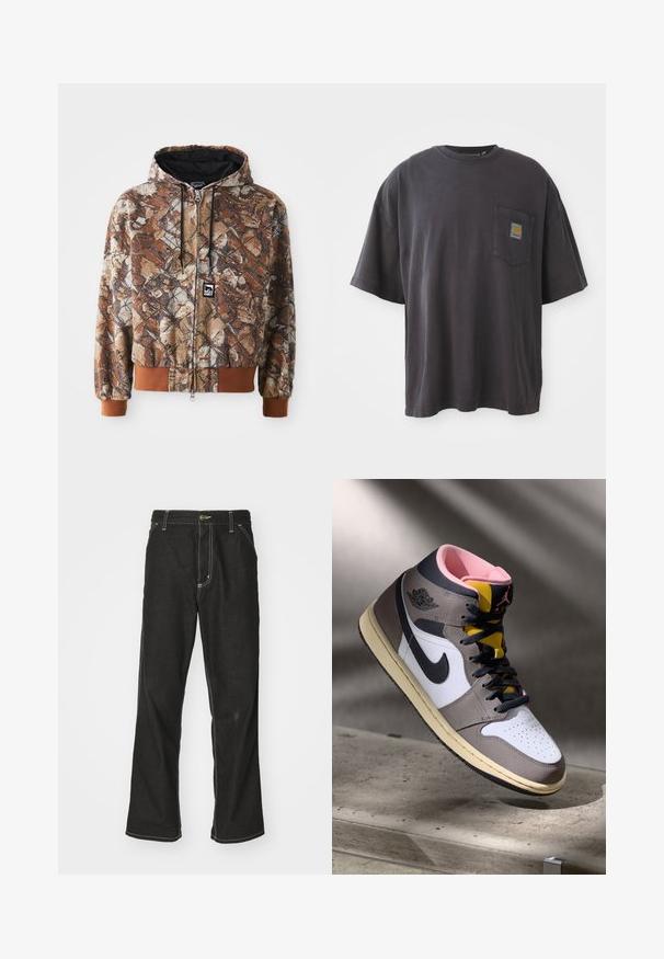 Maskovací mikina na zip v hnědé a béžové barvě se vzorem listů, s kapucí na šňůrku a kontrastními hnědými manžetami. Materiál vypadá texturovaně.; Černé bavlněné tričko s krátkým rukávem, kulatým výstřihem a kapsičkou na levé straně hrudi, na které je čtvercová nášivka s logem. Jednoduchý a nezdobený design.; Černé denimové džíny s volným střihem, s kontrastním bílým prošíváním, zapínáním na knoflík a rovnými nohavicemi.; Bílé, šedé a černé vysoké tenisky Nike Air Jordan s růžovým interiérem a žlutým jazykem, umístěné na betonovém povrchu.