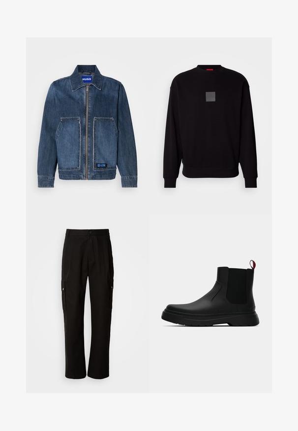 Denim jack in donkerblauw met een kraag en een rits aan de voorkant. Beschikt over twee grote opgestikte zakken met rafelige randen en een blauwe HUGO-label.; Zwarte sweatshirt met lange mouwen, ronde halslijn, een grijzige vierkante logo op de voorkant, zachte textuur en geribde manchetten en zoom.; Zwarte cargobroek van katoen met een relaxte pasvorm, voorzien van zijzakken, een knoopsluiting en rechte pijpen. Eenvoudig ontwerp zonder patronen.; Zwarte enkelboot met een gladde afwerking, elastische zijpanelen en een contrasterende rode treklus, met een dikke rubberen zool en een afgeronde teen.