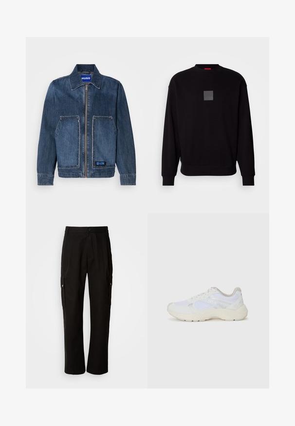 Denim jacket in dark blue with a collar and front zip. Features two large patch pockets with frayed edges and a blue HUGO label.; Black sweatshirt with long sleeves, round neckline, a front gray square logo, soft texture, and ribbed cuffs and hem.; Black cargo pants made of cotton with a relaxed fit, featuring side pockets, a button closure, and straight legs. Simple design without patterns.; White athletic shoes made of mesh and suede, featuring a textured midsole, textured accents, and "HUGO" logo on the side.