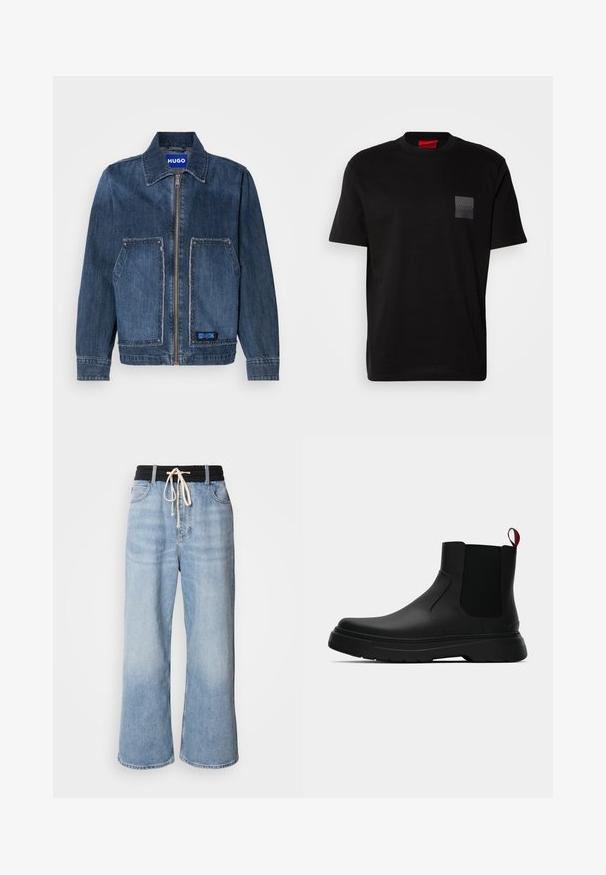 Sötétkék farmerdzseki, stílusos gallérral és elöl cipzárral. Két nagy, rojtos szélű zsebével rendelkezik, valamint egy kék HUGO cimkével.; Fekete pamut póló kerek nyakkal, bal mellrészen textúrázott fekete folttal, amelyen logó látható. Rövid ujjak és laza fazon jellemzi.; Világoskék, bő szárú farmernadrág fekete, elasztikus derékpánttal, húzózsinórral és klasszikus öt zsebes kialakítással.; Fekete bokacipő sima felülettel, ruganyos oldalsó panelek és kontrasztos piros húzópánt jellemzi, vastag gumitalppal és lekerekített orral.