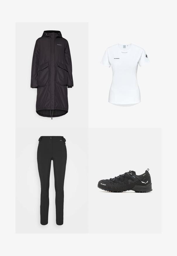 Długa czarna parka z kapturem, z dwiema dużymi kieszeniami z przodu, ściągaczem u dołu i gładkim, wodoodpornym materiałem.; Koszulka sportowa z krótkim rękawem w kolorze białym, z okrągłym dekoltem, z logo na piersi i gładką, lekką teksturą materiału.; Czarne, dopasowane spodnie wykonane z elastycznego materiału. Cechy to kieszeń boczna na zamek, strefowe kolana oraz gładka faktura.; Czarne buty trekkingowe z teksturowaną cholewką z tkaniny, systemem sznurowania i wytrzymałą gumową podeszwą. Udekorowane odblaskowymi detalami i logo.