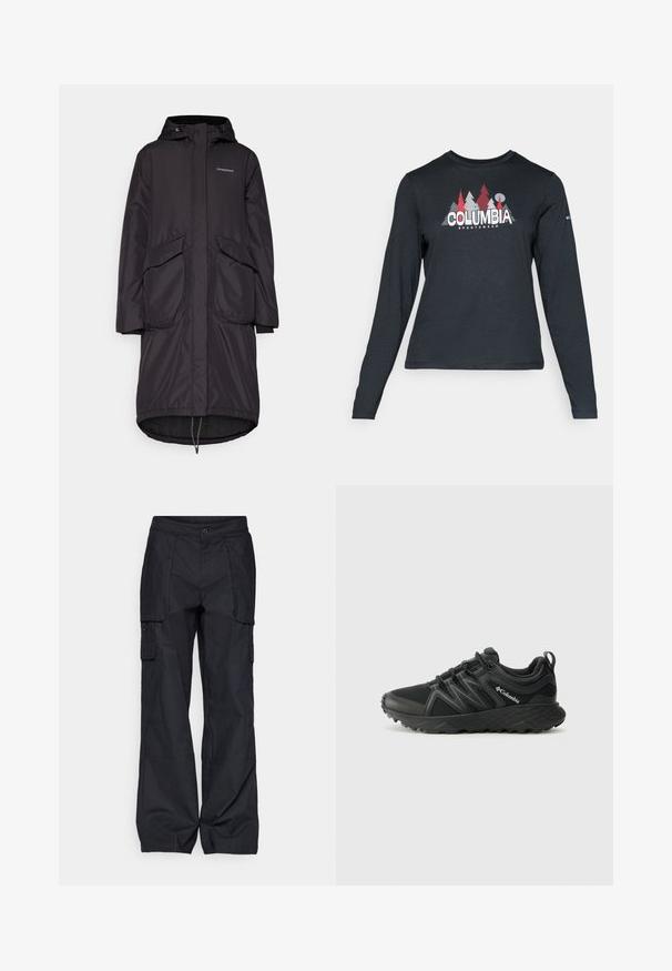 Dlhý čierny parka kabát s kapucňou, ktorý má dve veľké predné vrecká, šnúrku na spodnom leme a hladký, vodoodolný materiál.; Dlhý rukáv, tmavošedá košeľa s grafikou červených stromov a hôr; logo "COLUMBIA" v tučnom bielom texte. Mäkká tkanina, štandardný okrúhly výstrih.; Columbia BREA FALLS™ COTTON RIPSTOP PANT - Outdoorové nohavice - black; Columbia PEAKFREAK - Turistické topánky - black