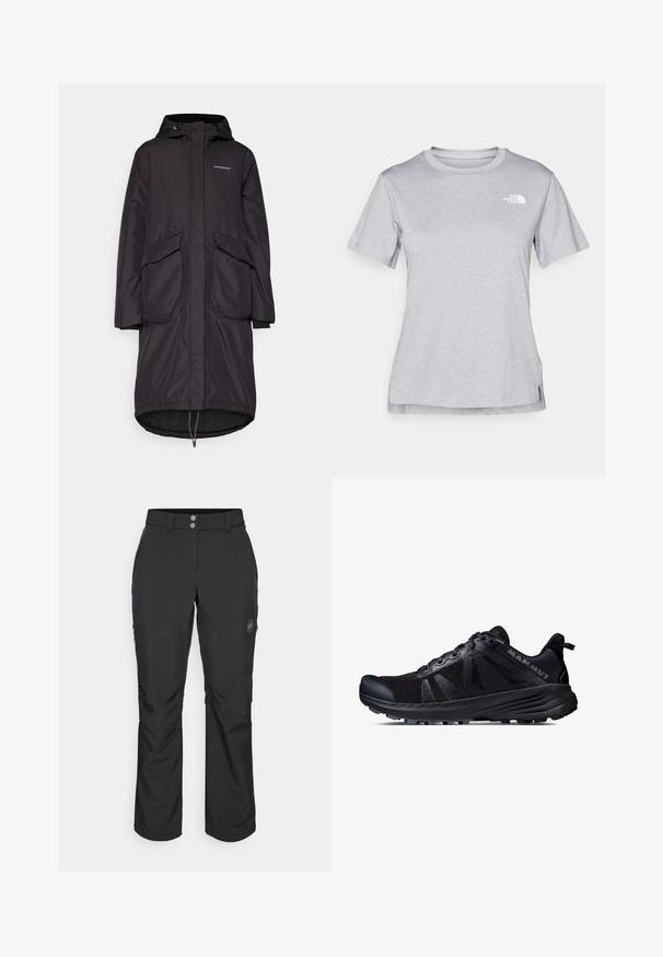 Parka nera lunga con cappuccio, dotata di due grandi tasche frontali, orlo regolabile con cordino e tessuto liscio e resistente all'acqua.; T-shirt grigio a maniche corte realizzato in morbido tessuto traspirante. Presenta un collo tondo e un piccolo logo bianco nella parte superiore sinistra.; Pantaloni outdoor neri con taglio dritto, dotati di chiusura con bottone, tasche laterali con zip e una patch con logo sulla coscia sinistra.; Scarpe da trail running nere con tomaia in rete e suola in gomma. Presentano sovrapposizioni testurizzate, punta rinforzata e logo del marchio sul tallone.