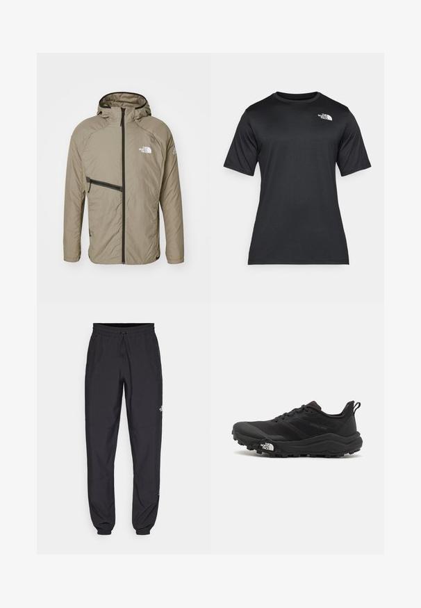 The North Face MOUNTAIN ATHLETICS HYBRID JACKET - Āra jaka - cavern grey; Melnā īsās piedurknes T-kreklā, izgatavotā no viegla, mitrumu uzsūcoša auduma. Tam ir balts logo kreisajā krūtīs un apaļa kakla izgriezums.; Melni sporta bikses, kas izgatavotas no viegla auduma, ar savelcamu jostu, sānu kabatām un sašaurinātiem apakšējiem galiem pie potītēm.; Melnas taku skriešanas kurpes ar teksturētu virsu, gumijas zoli un pastiprinātu pirkstu daļu. Aprīkotas ar mīkstu apkakli un vilkšanas cilpu, lai viegli uzvilktu.