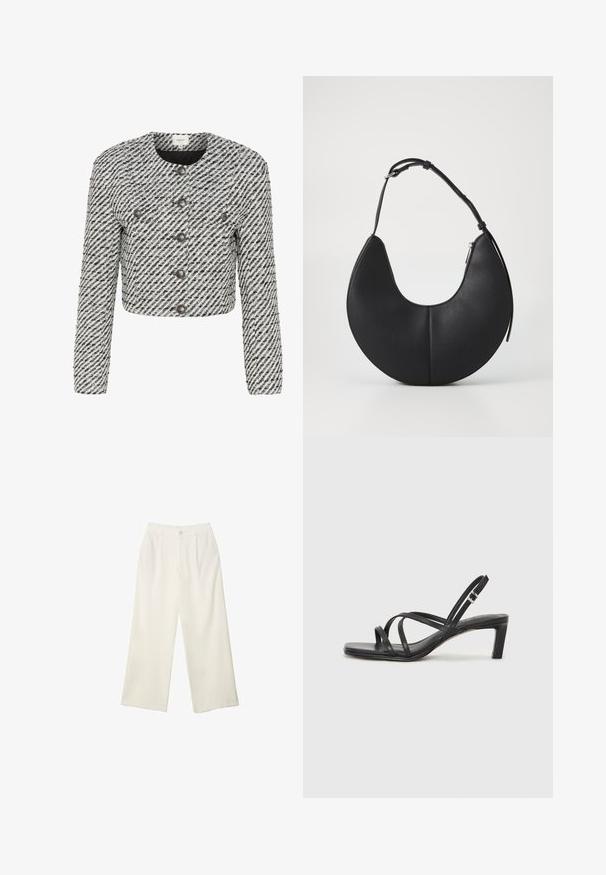 Zkrátená bunda z textúrovaného čierno-bieleho materiálu, s diagonálnymi pruhmi, okrúhlym výstrihom a šiestimi prednými gombíkmi.; Biely body s hranatým výstrihom, bez rukávov, hladkou textúrou a patentom na dne. Jednoduchý a minimalistický štýl.; Široké nohavice z krémovej látky s hladkou textúrou, s jedným predným gombíkom, jemnými skladmi a vysokým pásom.; Čierne sandále na vysokom podpätku so štvorcovou špičkou a nízkym blokovým podpätkom. Obsahujú viacero tenkých popruhov a nastaviteľný členkový popruh. Vyrobené z hladkej kože.; Čierna kožená kabelka v polmesiacovom tvare s hladkou textúrou, jedným nastaviteľným popruhom a zipsovým uzáverom po strane.