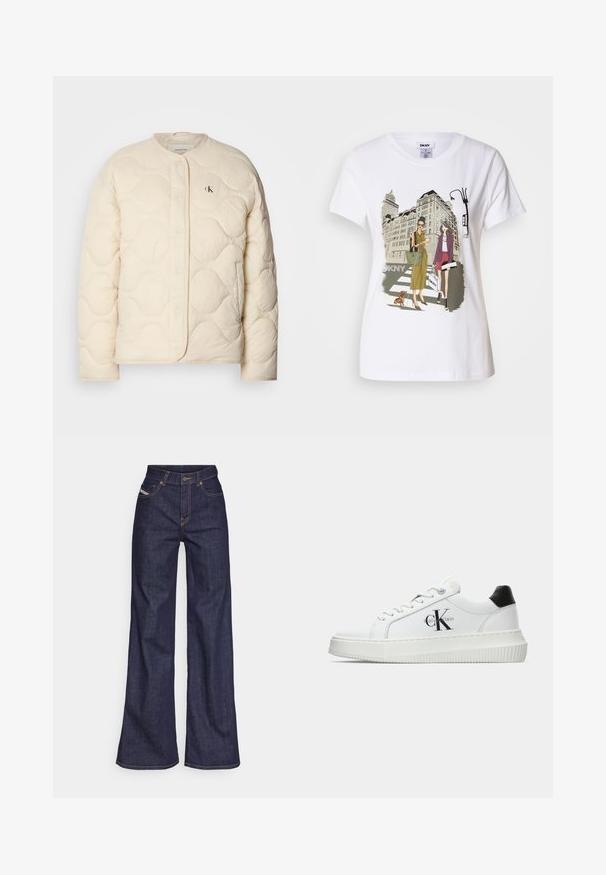 Calvin Klein Jeans INSULATED LINER JACKET - Vinterjacka - fog; Vitt bomulls-T-shirt med en tryckt illustration av två kvinnor i urbana mode stilar med en hund på ett övergångsställe och stadens byggnader.; Mörkblå vida jeans i denimtyg med hög midja, med orange sömmar, femficksdesign och knappstängning.; Vit lågtopp sneakers med svart hälflik, platåsål, snörning och Calvin Klein "CK" logotyp på sidan.