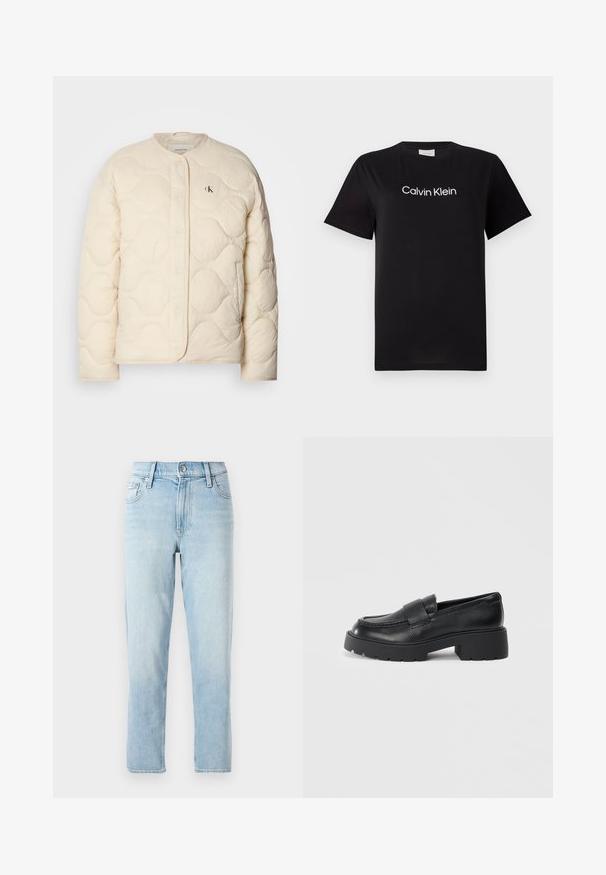 Calvin Klein Jeans INSULATED LINER JACKET - Talvitakki - fog; Musta puuvillapaita lyhyillä hihoilla, jossa on valkoinen "Calvin Klein" -logo painettuna rinnan kohtaan. Klassinen pyöreä kaula-aukko.; Vaaleansiniset farkut, suora lahjetyyli, keskikorkea vyötärö, viisi taskua ja nappikiinnitys edessä.; Musta nahkakengät loaferit, joissa on teksturoitu pinta, ja joissa on suorakulmainen nauha vampin yli sekä paksu, uritettuakun muotoilu.
