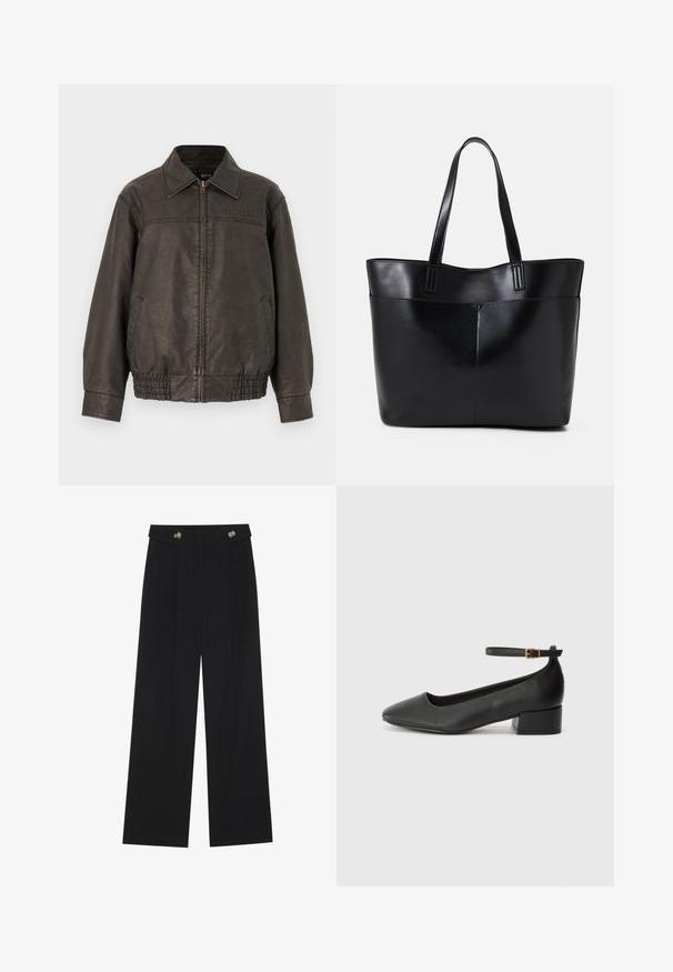 BDG Urban Outfitters BILLIE - Bunda z nepravej kože - black; Dvoje čiernych košieľ s dlhým rukávom a výstrihom do V, vyrobených z mäkkej a elastickej látky, s jemnou textúrou a priliehavým strihom.; Čierne široké nohavice s vysokým pásom, so zapínaním na gombíky na páse a prednými sklady.; Čierne kožené lodičky s špicatou špičkou a nízkym blokovým podpätkom. Obsahuje remienok okolo členka so zlatým prackou. Hladký povrch.; Čierna kožená tote taška s dvoma dlhými rúčkami, hladkým povrchom a štruktúrovaným tvarom. Obsahuje prednú kapsu pre dodatočné uskladnenie.