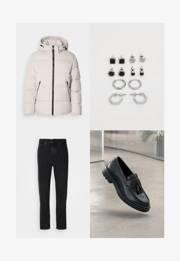 Giacca puffer di un beige chiaro, con cappuccio, zip frontale e due tasche laterali con zip. Design trapuntato, testurizzato con polsini elasticizzati.; Lindbergh HALF ZIP - Maglione - black; Jeans in denim nero con design a gamba dritta, dotati di chiusura con bottone e zip, tasche frontali e una texture sottile.; Mocassini in pelle nera con finitura liscia, nappe decorative, suola spessa in gomma e dettagli cuciti. Design leggero ed elegante.; Set di orecchini in tono argento, che comprende due paia di orecchini a cerchio e sei paia di orecchini a perno con diverse forme e texture, compresi accenti neri.