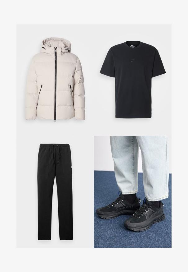 Giacca puffer di un beige chiaro, con cappuccio, zip frontale e due tasche laterali con zip. Design trapuntato, testurizzato con polsini elasticizzati.; T-shirt in cotone nero della Nike con collo rotondo classico, maniche corte e un logo in rilievo discreto sul petto. Texture liscia.; Pantaloni sportivi neri in felpa, dotati di cintura elastica con cordini, due tasche anteriori e un piccolo logo sulla coscia.; Scarpe sportive nere con tessuto testurizzato e suole in gomma, dotate di lacci elastici e un accento blu sul tallone. Indossate con pantaloni in denim chiaro.