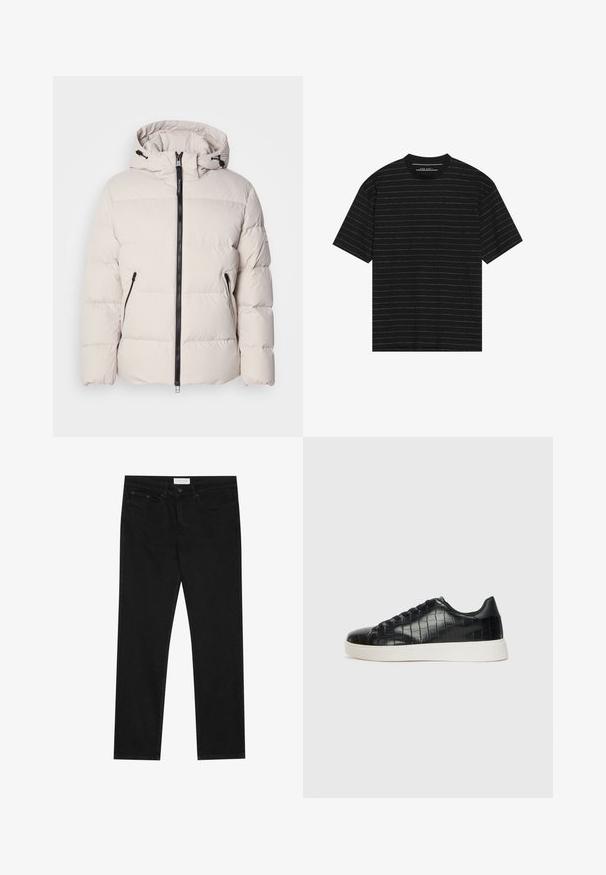 Puffer-jakke i lys beige, med hette, frontglidelås og to glidelåslommer på sidene. Strukturert, quiltet design med elastiske mansjetter.; Svart t-skjorte med kort erme som har tynne hvite horisontale striper. Laget av mykt stoff med rund hals og avslappet passform.; Svarte jeans med rette ben, fem lommer, knapp og glidelås-lukking, og et Pier One-merkelapp på midjen.; Svarte joggesko med en teksturert krokodille-embossed læroverdel, rund tå og en kontrasterende hvit gummisåle med en glatt overflate.