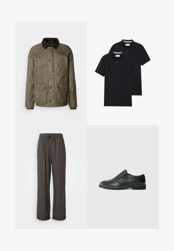 Olivno zelena jakna z ovratnikom iz črnega kordura, zapiranje na gumb, dvema sprednjima žepoma ter gladko, teksturirano tkanino.; Dve črne polo majice, kratke rokave, iz bombažnega materiala, z klasik ovratnikom, dvobodno zaponko in belimi črtkami znotraj ovratnika.; Temno siva široka hlače z elastičnim pasom, izdelane iz mehke, strukturirane tkanine, z zavihanimi manšetami na gležnjih.; Črne usnjene natikače z gladkim zgornjim delom, prišitimi detajli, zaobljenim nosom in nizkim gumijastim petkom. Podplat ima minimalen profil.
