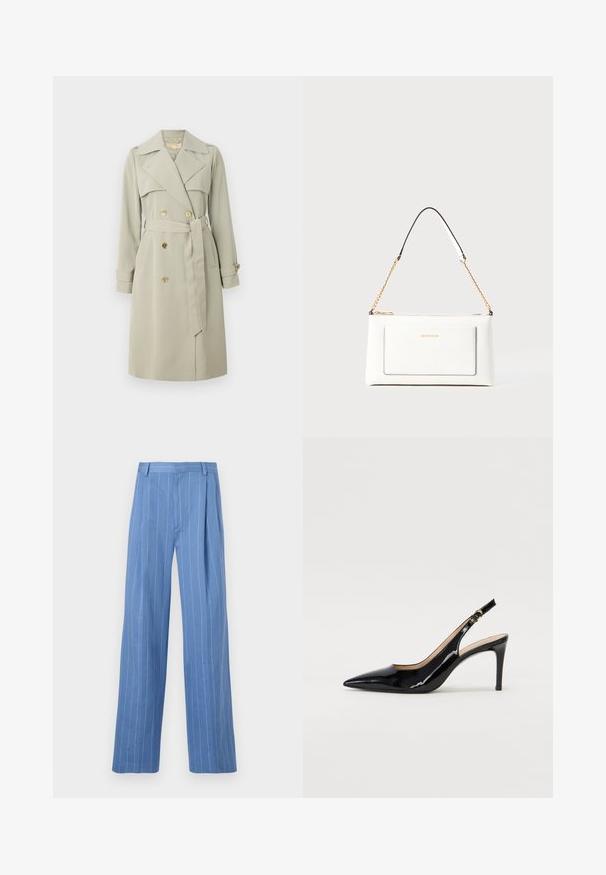 Trench-coat beige clair avec un devant double boutonnage, un large col et une taille cintrée. Présente des boutons dorés et des sangles aux poignets. Tissu lisse.; T-shirt tricot à manches courtes de couleur bleu clair, présentant une texture en côtes verticales et un col rond. Le tissu révèle des détails subtils avec une finition ajustée.; Pantalons larges bleu clair avec des rayures blanches verticales. Fabriqués dans un matériau lisse, avec un pli avant et une taille épurée.; Pompe slingback en cuir verni noir avec un bout pointu, un talon fin et un design de découpes subtil. Elle dispose d'une boucle dorée sur la sangle.; Sac à main en cuir blanc avec un fini texturé, doté d'une bandoulière en chaîne dorée et d'accents noirs. Comprend une poche avant et une fermeture éclair.