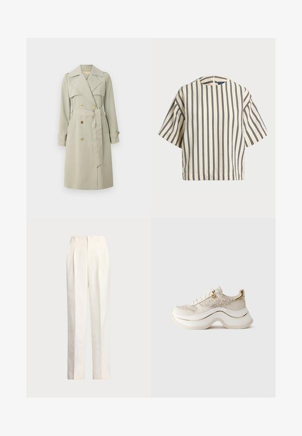 Light beige trench coat with a double-breasted front, broad collar, and belted waist. Features gold-tone buttons and cuff straps. Smooth fabric.; Short-sleeve, striped top in cream and navy, featuring a round neckline and boxy design with a textured fabric.; Polo Ralph Lauren HEMP WIDE LEG PANT - Trousers - nevis; Beige and gold platform sneaker with "MK" pattern, lace-up front, gold charm, and thick wavy sole against plain background.