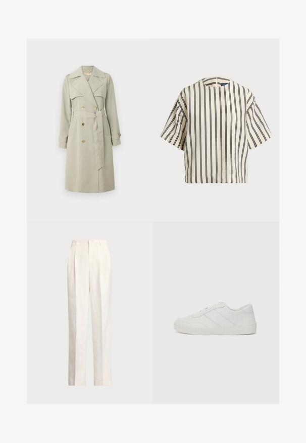 Lichtbeige trenchcoat met een dubbelzijdige voorkant, brede kraag en een ceintuur om de taille. Voorzien van goudkleurige knopen en manchetten met riempjes. Glad materiaal.; Korte mouwen, gestreepte top in crème en marineblauw, met een ronde halslijn en een boxy ontwerp van een textuurstof.; Polo Ralph Lauren HEMP WIDE LEG PANT - Broek - nevis; Witte leren sneaker met platte veters, ronde neus en subtiele stiksels. Beschikt over een gestructureerde zool en een in reliëf gedrukt merkteken op de hiel.