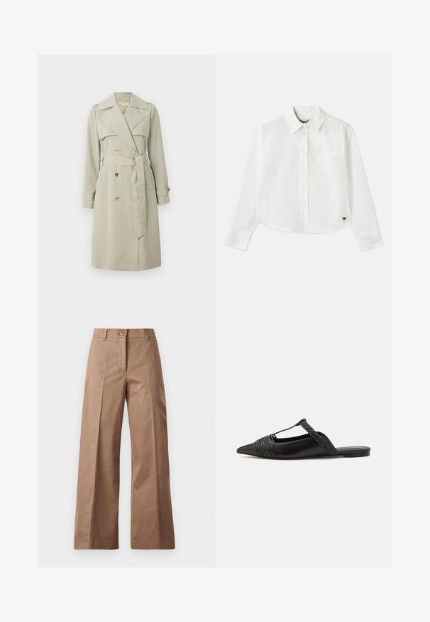 Šviesiai smėlinė tranšėja su dvigubu užsegimu priekyje, plačiu apykakle ir diržu liemeniui. Savybė – auksinės spalvos mygtukai ir rankogalių dirželiai. Lygi medžiaga.; Baltas trumpas ilgos rankovės marškinėliai, pagaminti iš medvilnės. Turintys sagų priekį, krūtinės kišenę ir mažą juodą logotipą apačioje kairėje pusėje.; Rudos plačios kojų kelnės, pagamintos iš lygios medžiagos, su priekiniais mygtukais, dviem priekinėmis kišenėmis ir švariomis, pritaikytomis linijomis.; Juodos odinės slingback bateliai su smailiu pirštu, turintys audinį akcentą ir raukšlėtą viršutinį dizainą. Lygus padas su minimaliais aksesuarais.