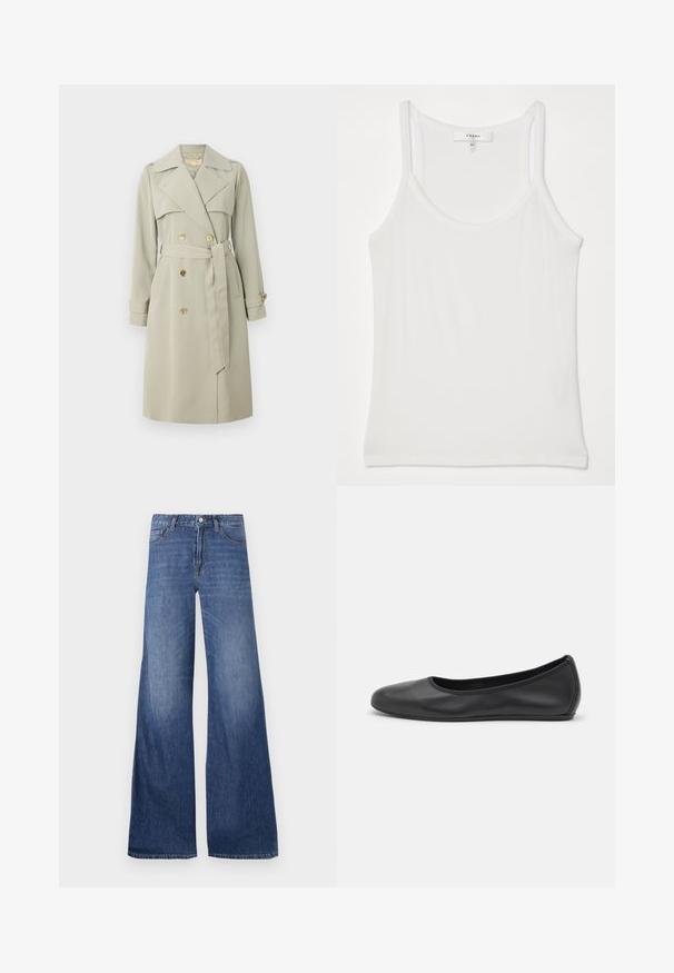 Light beige trench coat with a double-breasted front, broad collar, and belted waist. Features gold-tone buttons and cuff straps. Smooth fabric.; White sleeveless tank top made of soft, ribbed fabric; features thin straps and a round neckline, tag reads "FRAME."; Wide-leg denim jeans in a medium blue wash, featuring five pockets, belt loops, and a button closure. Smooth texture with a slight fade.; Black leather ballet flat with a rounded toe, smooth texture, minimal stitching detail, and a flexible sole design.