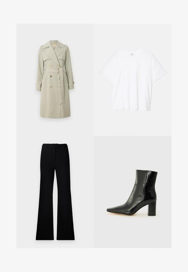 Helle beige Trenchcoat mit doppelreihiger Knopfleiste, breitem Kragen und tailliertem Gürtel. Verfügt über goldfarbene Knöpfe und Manschettenriegel. Glattes Material.; Weißes Baumwoll-T-Shirt mit kurzen Ärmeln, runder Halslinie, lockerer Passform und genähtem Saum. Etikett sichtbar am inneren Kragen.; Schwarze ausgestellte Hose mit einer glatten Textur, tailliertem Bund und Fronttaschen, entworfen mit einer eleganten, modernen Silhouette.; Schwarze Knöchelstiefelette aus glänzendem Leder mit spitzem Zeh und klobigem, quadratischem Absatz. Verfügt über eine glatte Textur und ein minimalistisches Design.