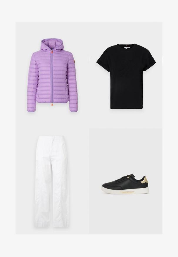 Save the duck DAISY - Winter jacket - wisteria violet; Black cotton t-shirt with rolled short sleeves, featuring an embossed logo in the center and a small flag accent on the side.; White wide-leg trousers made of lightweight fabric, featuring a smooth texture, clean lines, and a high waist design.; Black leather sneaker with a smooth texture, white rubber sole, gold accents on the heel and eyelets, featuring a logo on the side.