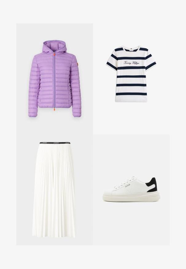 Save the duck DAISY - Vinterjakker - wisteria violet; T-shirt i bomuld med vandrette marineblå striber på en hvid baggrund. "Tommy Hilfiger" broderet i kursiv på brystet. Rund hals.; Plisseret hvid nederdel med en sort elastisk talje, der har "LACOSTE"-logoet. Mellemlang design med blød tekstur.; Hvide lædersneakers med en tyk hvid sål, sort ruskindhælvægt og prægede logoer på siden. Snørebåndsdesign med seks øjer.