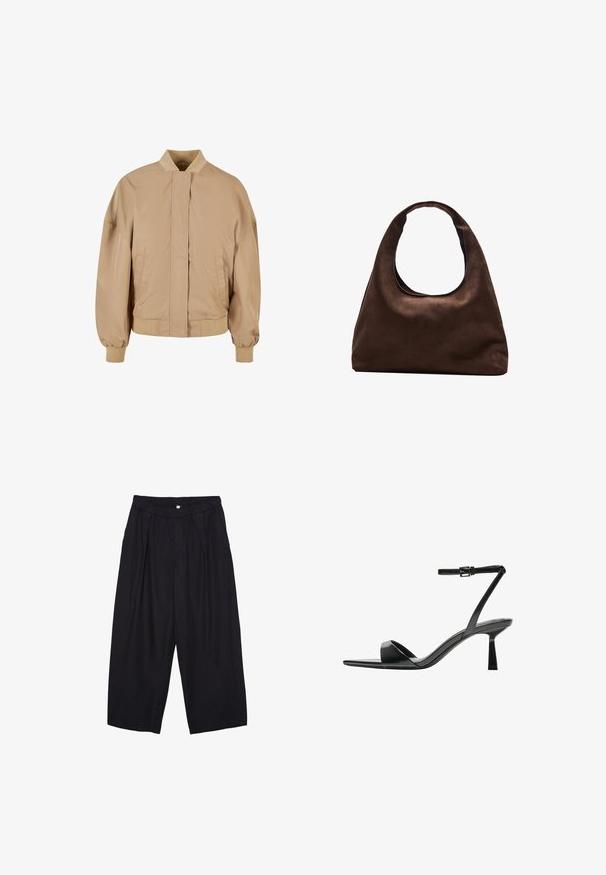 Béžová bombardérka s stojacím golierom, predným zipsom, bočnými vreckami a ribbovanými manžetami a lemom. Hladká, ľahká textúra látky.; Biely tričko s krátkym rukávom z bavlny, s červeným obdĺžnikovým grafickým štítkom na ľavej hrudi. Jednoduchý, voľný strih.; Čierne polyesterové culotte nohavice s elastickým pásom, dvoma prednými záhybmi a voľným strihom. Žiadne viditeľné vzory ani detaily z kovu.; Bershka Sandále na vysokom opätku - black; Svetlohnedá kabelka v štýle hobo s jedným širokým popruhom a zakriveným otváraním na vrchu, vystavená na bielom pozadí.