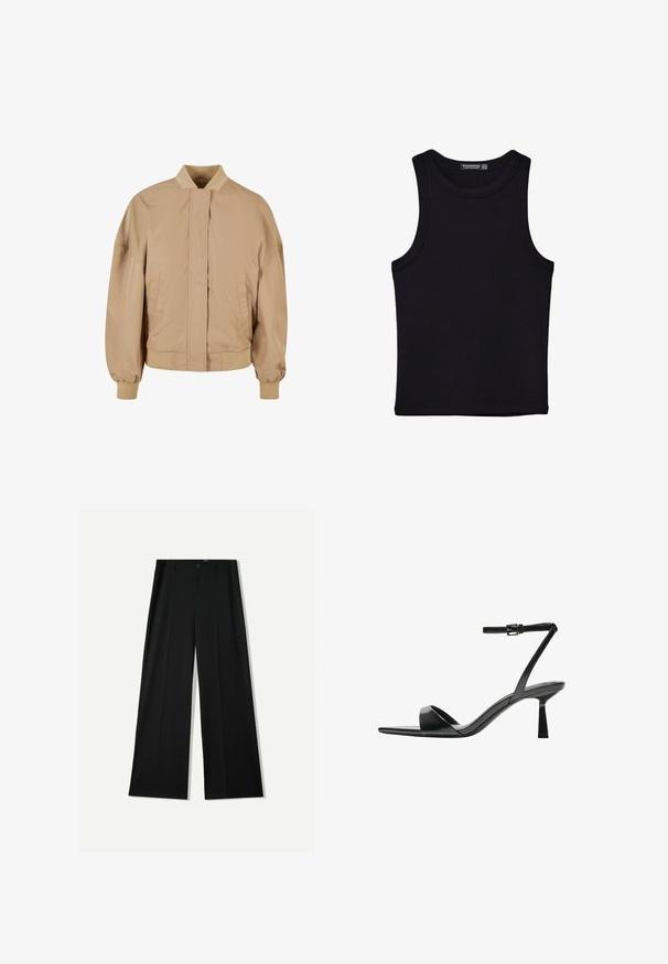 Béžová bombardérka s stojacím golierom, predným zipsom, bočnými vreckami a ribbovanými manžetami a lemom. Hladká, ľahká textúra látky.; Čierny tank top vyrobený z bavlny, s okrúhlym výstrihom a širokými ramienkami. Hladká textúra so zošitými okrajmi. Klasický, minimalistický dizajn.; Bershka WIDE - Nohavice - black; Bershka Sandále na vysokom opätku - black