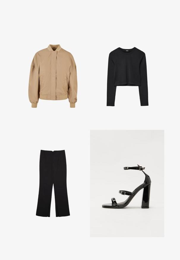 Béžová bombardérka s stojacím golierom, predným zipsom, bočnými vreckami a ribbovanými manžetami a lemom. Hladká, ľahká textúra látky.; Čierny dlhý rukáv skrátený top s okrúhlym výstrihom, jednofarebný dizajn a mierne zakrivený lem.; Čierne nohavice so strihom rovného strihu, s prednými vreckami a bočnými rozparkami na leme. Vyrobené z mäkkej, hladkej tkaniny. Vhodné na rôzne príležitosti.; Čierne lakované sandále na vysokom opätku s dvoma prackami, štvorcovou špičkou a hrubým blokovým opätkom, s hladkou, lesklou textúrou.